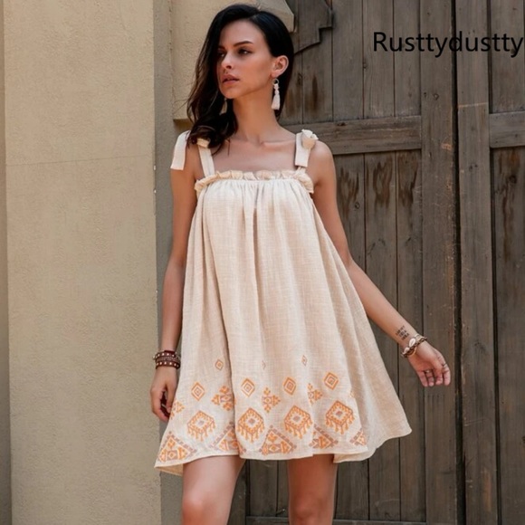 Dresses & Skirts - NWT boho mini tan orange geometric dress Small Medium